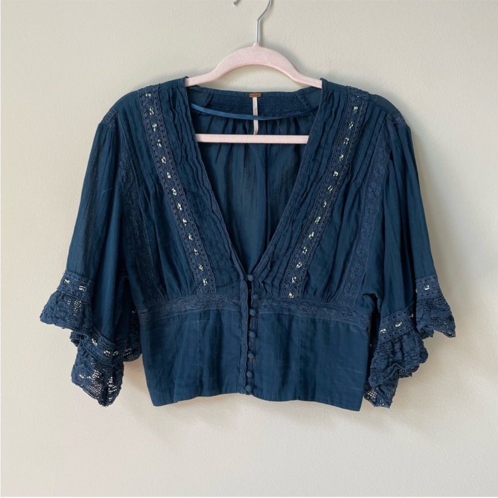 Free People Teal Embellished V-Neck Tunic